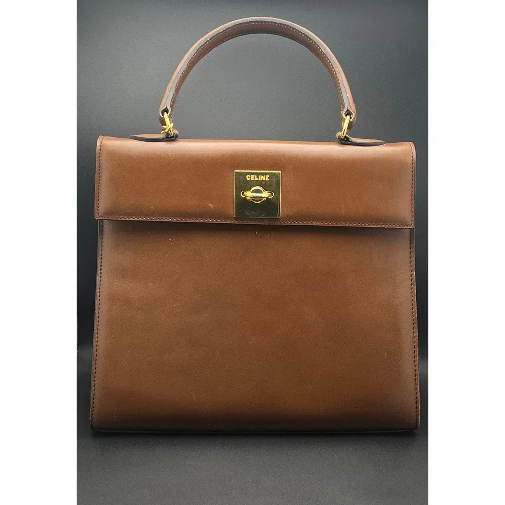 Celine Vintage Tan Leather Top Handle Bag Gold Hardware Made in France Brown